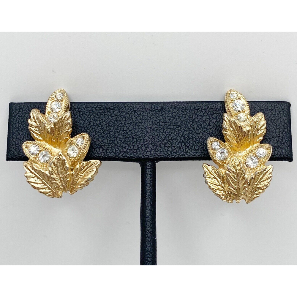 Vtg Eisenberg Ice Gold Tone Rhinestone Earrings Textured Leaves Clip On Stunning